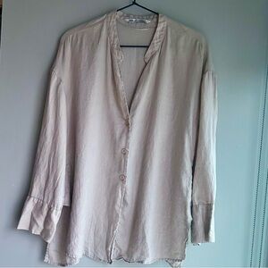 ZARA women’s linen 3/4 sleeve blouse tan ⭐️ excellent ⭐️